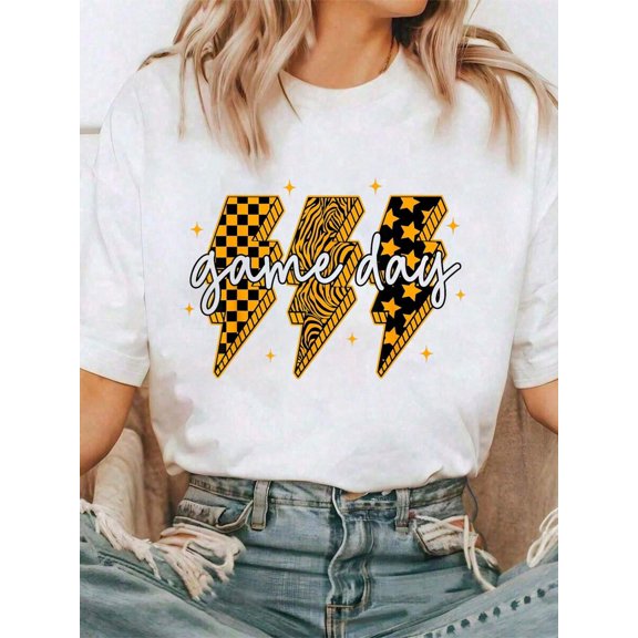 Game Day Touchdown Season Yellow Leopard Checkered Football T-Shirt Tee Shirts Women