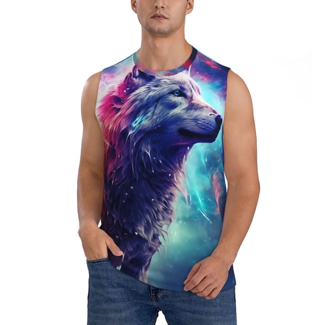 Fotbe Starry Multicolored Wolf Men's Camiseta sin Mangas Estampada para Hombres, Playera Casual para Gimnasio, Entrenamiento, Playa-Small
