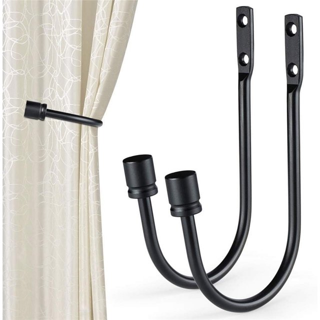 2 soportes para cortinas, gancho de metal en forma de U, gancho para alzapaños de cortina con borlas montadas en la pared, alzapaños para cortinas, accesorios decorativos para cortinas, negr