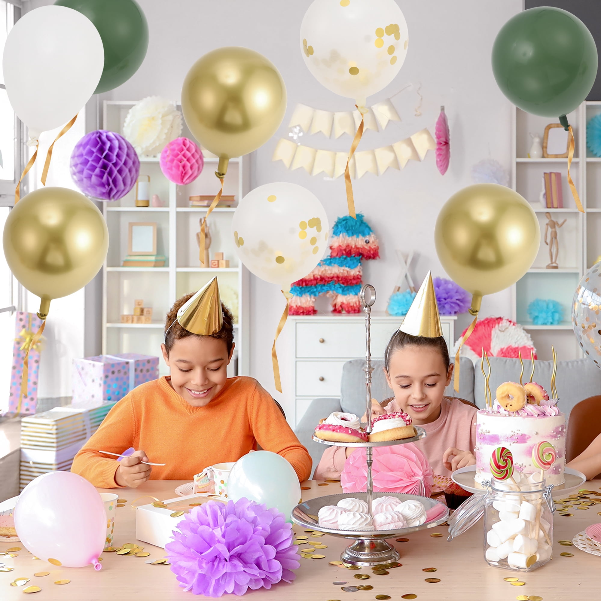 Unique Bargains Latex Party Balloons with Ribbon Green White Gold Tone Clear 10inch 20Pcs