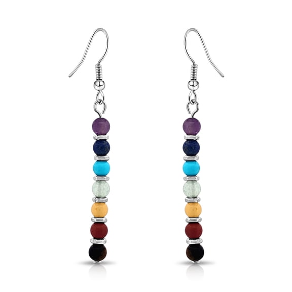 Besheek Silvertone Rainbow Hematite Chakra Beaded Boho Chic Dangle Earrings