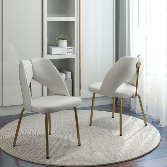 bokifol White Leather Dining Chairs Set of 2 Modern Gold Dining Room Chairs with Hollow Back