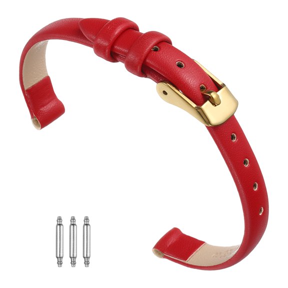 Uxcell Genuine Leather Band 8mm Width Red with Gold Buckle, Flat Thin Elegant Leather Watch Strap for Men and Women