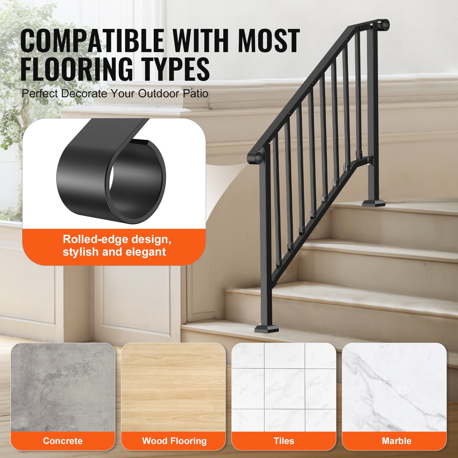 VEVOR Handrails for Outdoor Steps, 3-4 Step Stair Hand Rail Kit, Transitional Carbon Steel Railings with Installation Kit, Stair Rails for Seniors, Concrete Steps & Porch & Deck, Black Retro Arch