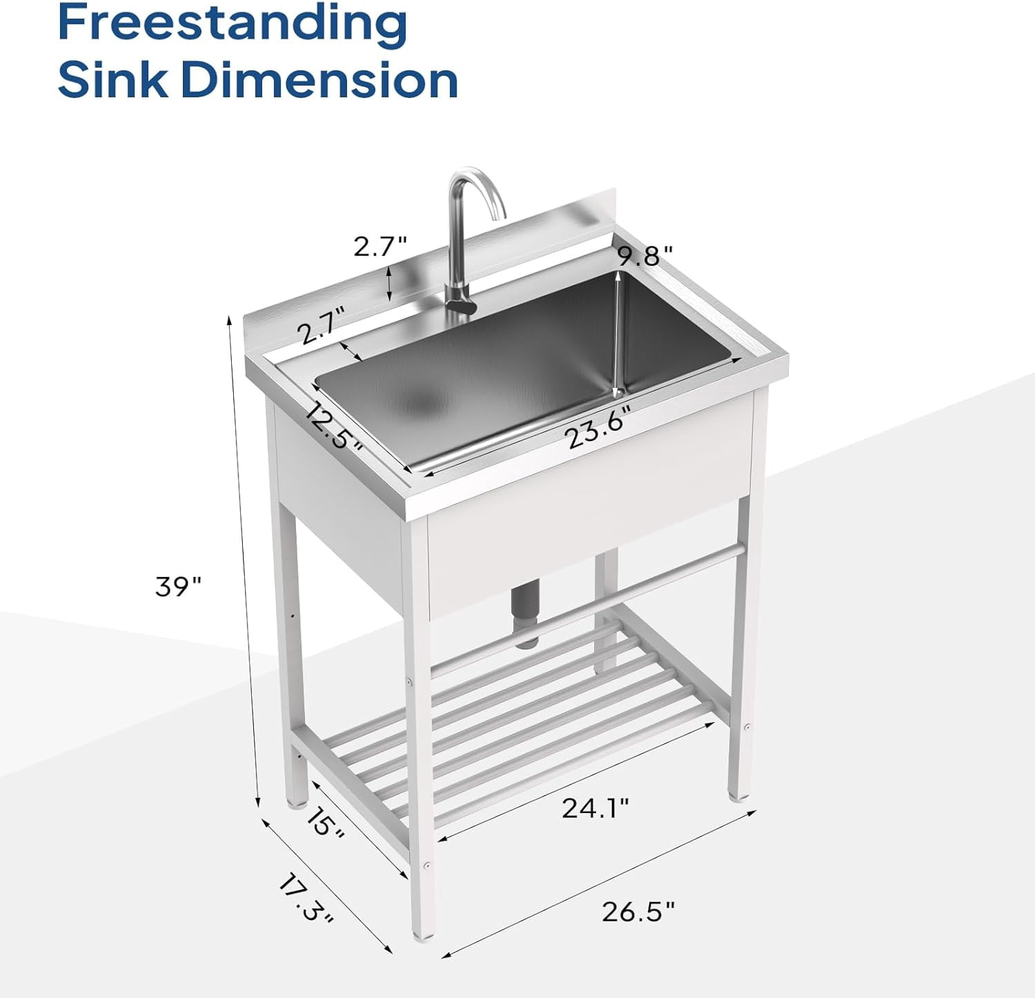 Ktaxon Freestanding White Stainless Steel Utility Sink with Shelf, Compact Single Bowl Wash Basin for Laundry Garage Restaurant Prep, 26.5 x 17.3 x 39