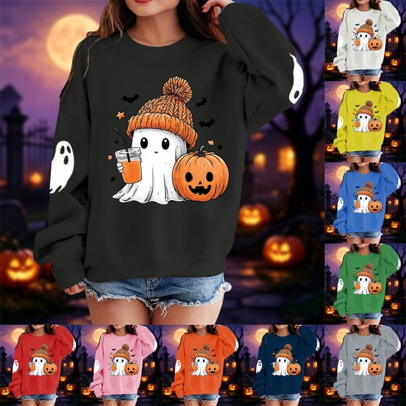 Kcolen Halloween Sweatshirts for Girls Ghost and Pumpkin Graphic Crew Neck Long Sleeve Oversized Pullover Sweatshirt Y2K Casual Fashion Fall Winter Tops