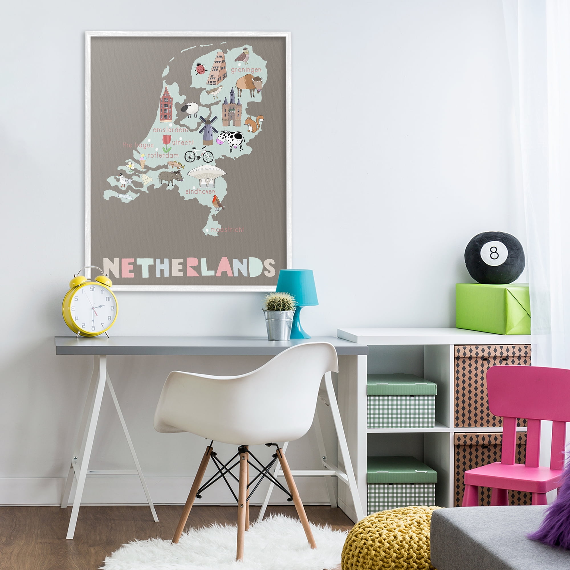 Kid's Map of Netherlands White Framed Giclee Art, design by Carla Daly