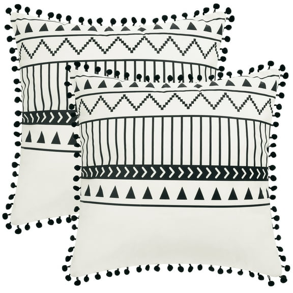 Unique Bargains 2 Pompoms Throw Pillow Covers with Geometric Line Decorative Pillow Cases Geometry 18" x 18"