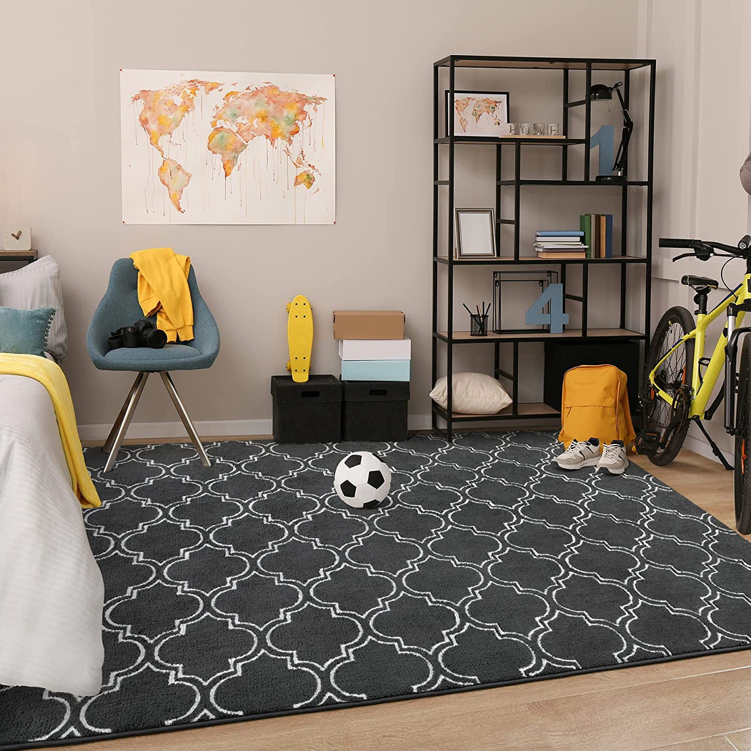 Junovo 4'x6'Modern Geometric Area Rug for Bedroom and Living Room, Fluffy Indoor Carpet for Family Room Decor,Dark Gray