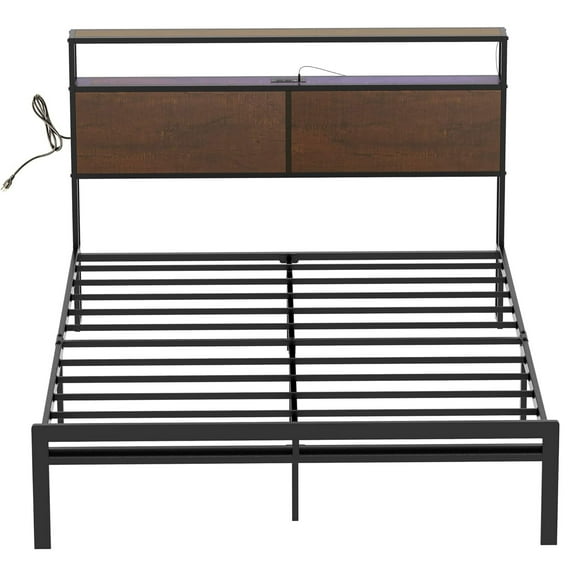 HAUSOURCE Queen Bed Frame with Storage Headboard Metal Platform Bed
