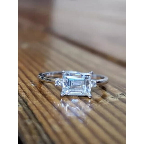 2Ct Emerald Cut Lab Created Diamond Three Stone Wedding Ring 14K White Gold Plated