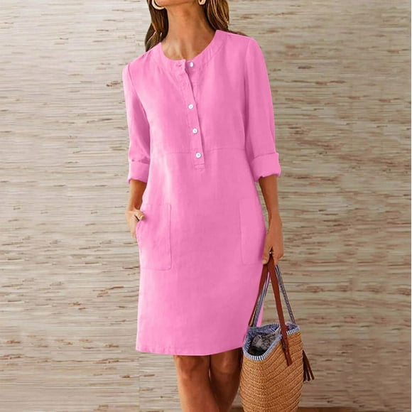 Meichang Summer Dress for Women 2025 Half Button Shirt Dress Long Sleeve Round Neck Work Dresses Casual Loose Fit Mini Dresses with Pockets