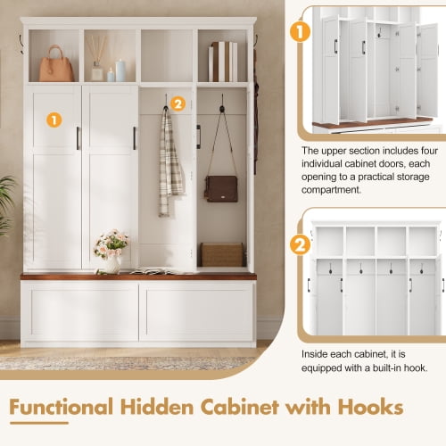 74.8" Modern Farmhouse Hall Tree with 4 Hidden Cabinets, 6 Hooks, Storage Drawers and Bench, Entryway Coat Rack Organizer, White
