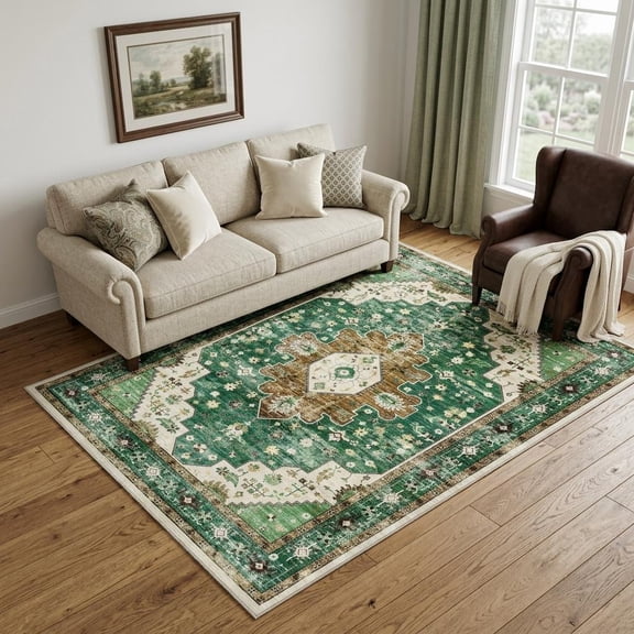HomeRoots 5' X 7' Green Brown And Ivory Medallion Distressed Washable Area Rug