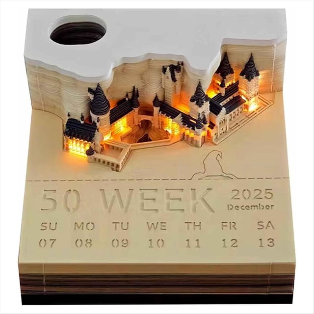 Calendario de Piezas de Reloj, Bloc de Notas con Calendario de Escritorio 2025, Bloc de Notas con Luces y Diseño de Castillo Mágico en 3D