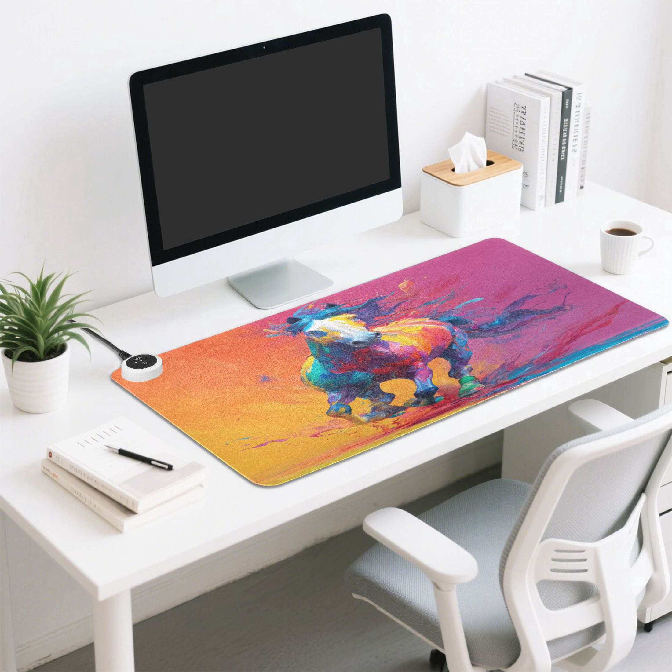 Large Heated Desk Mat Mouse Pad 31.5"x13"PU Leather Graphene Heating Desk Warmer with 3 Temperature Settings 110V US Plug Non-Slip Warm Pad for Home, Office, and Gaming Dynamic Paint Drip Horse