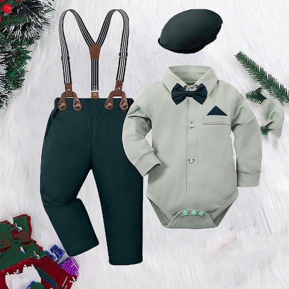 RTKFRFLM Boys Formal Suit Set Small Blazer with Suspender Pants for Performance & Events Green 12-18 Months