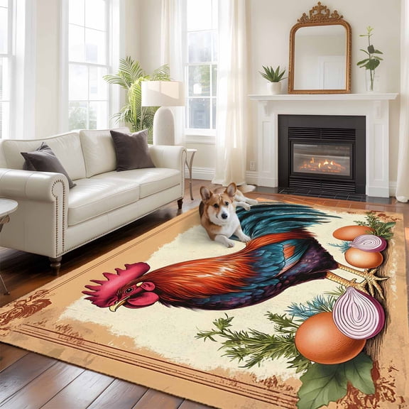 5'x8' Area Rugs, Retro Rooster Indoor Outdoor Area Rug for Living Room Bedroom, Farmhouse Vintage Summer Botanical Washable Bathroom Rugs Kitchen Floor Carpet Mats Home Decor Aesthetic