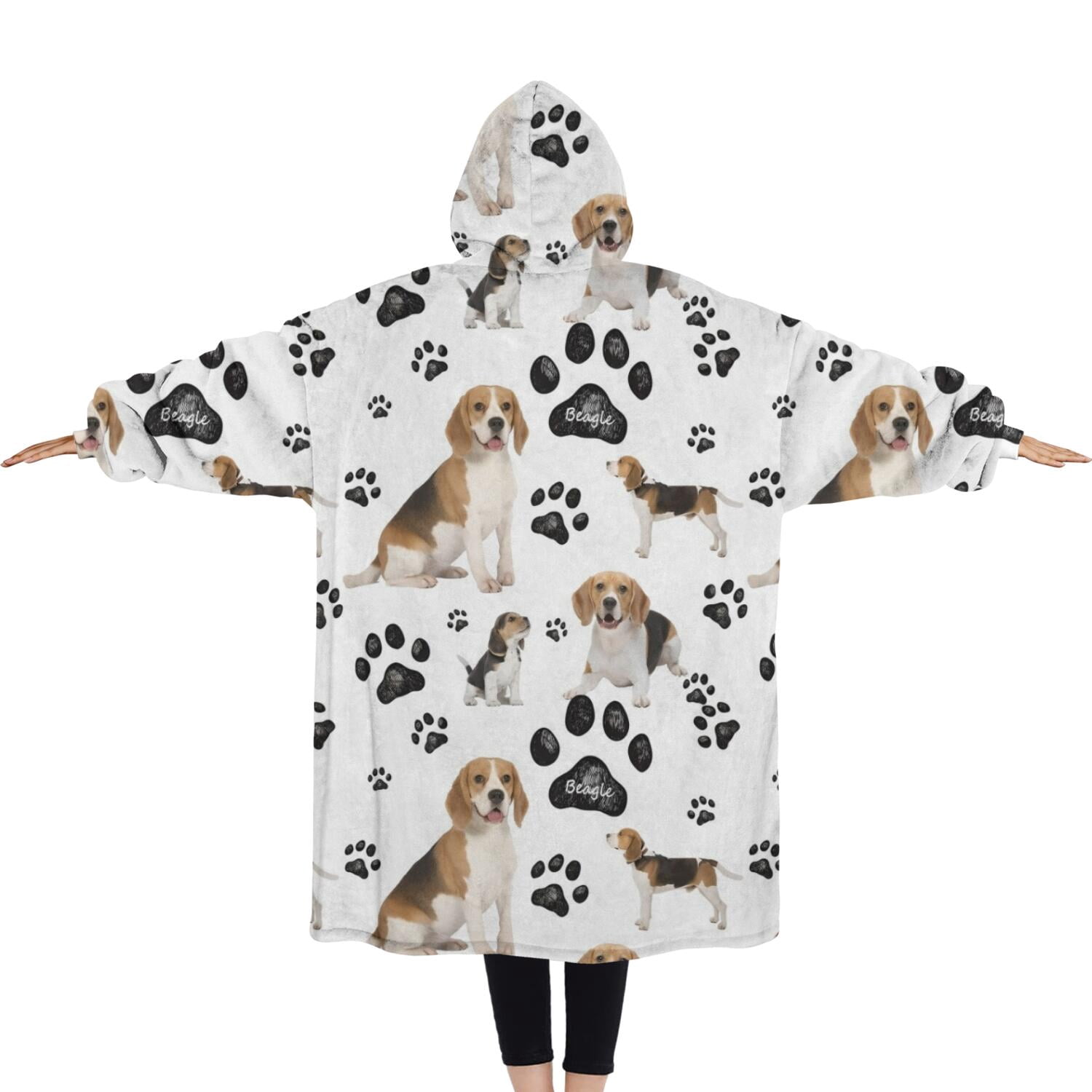 Oversized Wearable Blanket Hoodie,Beagle Dog and Footprints Sherpa Blanket Hoodie with Super Pockets,Super Warm Fuzzy Pullover for Women & Men