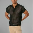 thumbnail image 2 of MIXUE Polo Shirts For Men Summer Mesh Hollow Out Solid Color Lapel Button Down Short Sleeve Loose Casual Daily-Wear,Black,M, 2 of 8
