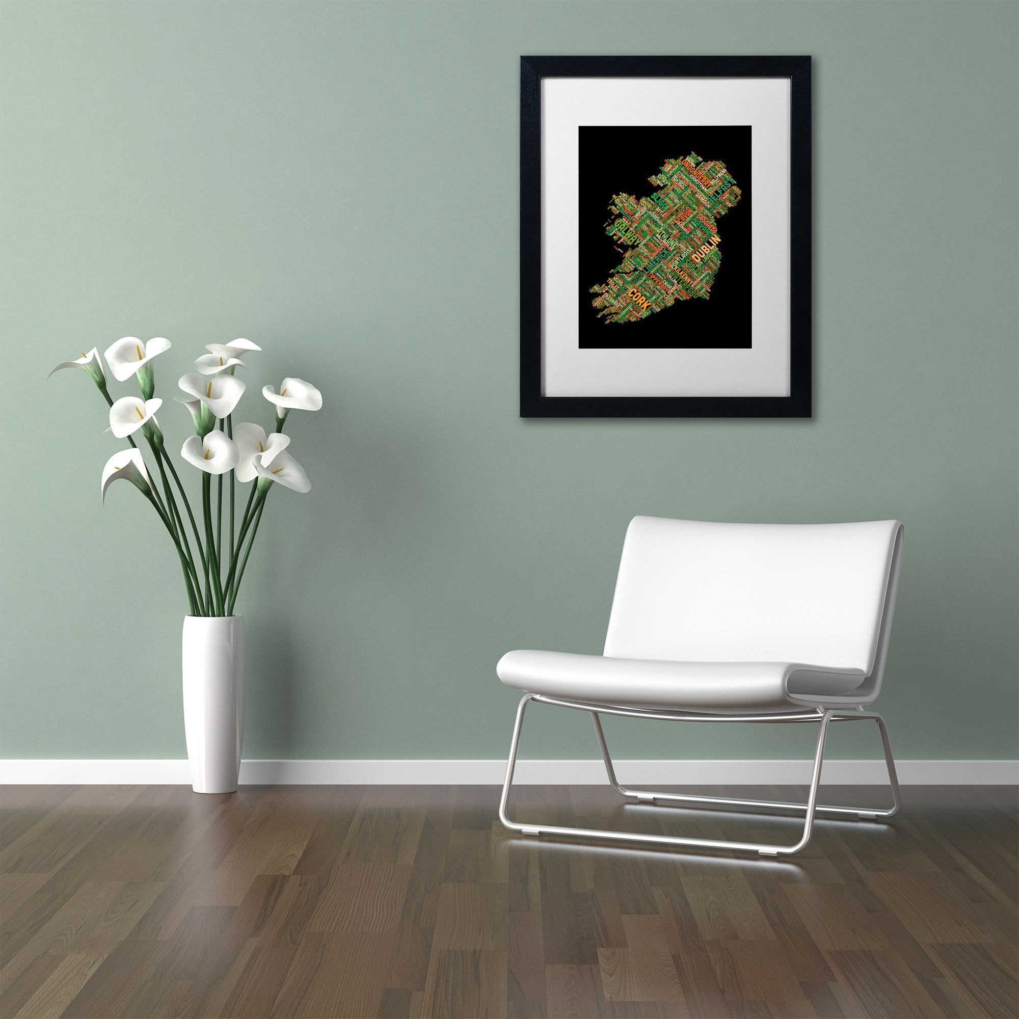 Trademark Fine Art "Ireland Eire City Text Map" Canvas Art by Michael Tompsett, White Matte, Black Frame