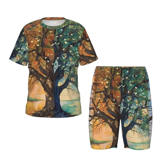 Balery Seasonal Tree Reflection Conjunto de Pijama Infantil de Manga Corta con Estampado – Ropa de Dormir de Algodón Suave-Medium