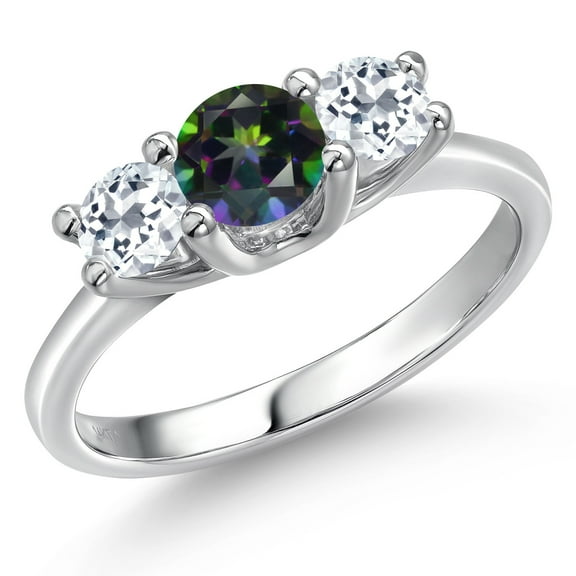 Gem Stone King 14K White Gold Green Mystic Topaz & White Topaz 3-Stone Engagement Ring | 1.21 Cttw | Round 5MM and 4MM | Three Stone Wedding Anniversary Promise Ring for Women (Size 8)