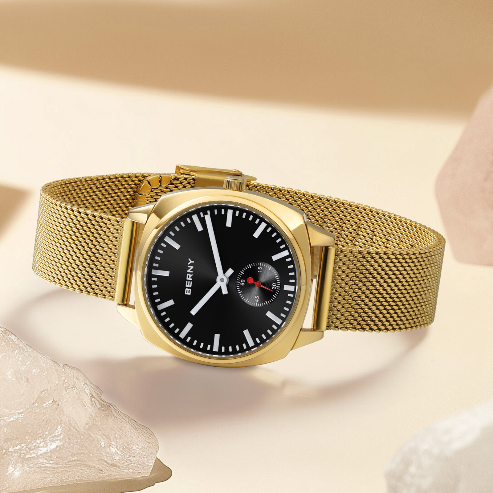 BERNY Gold Watch for Women, Casual Analog Women's Quartz Watch with Stainless Steel Mesh Band, Small Seconds Hand, 3ATM Water Resistant, Classic Ladies Wristwatch, Black