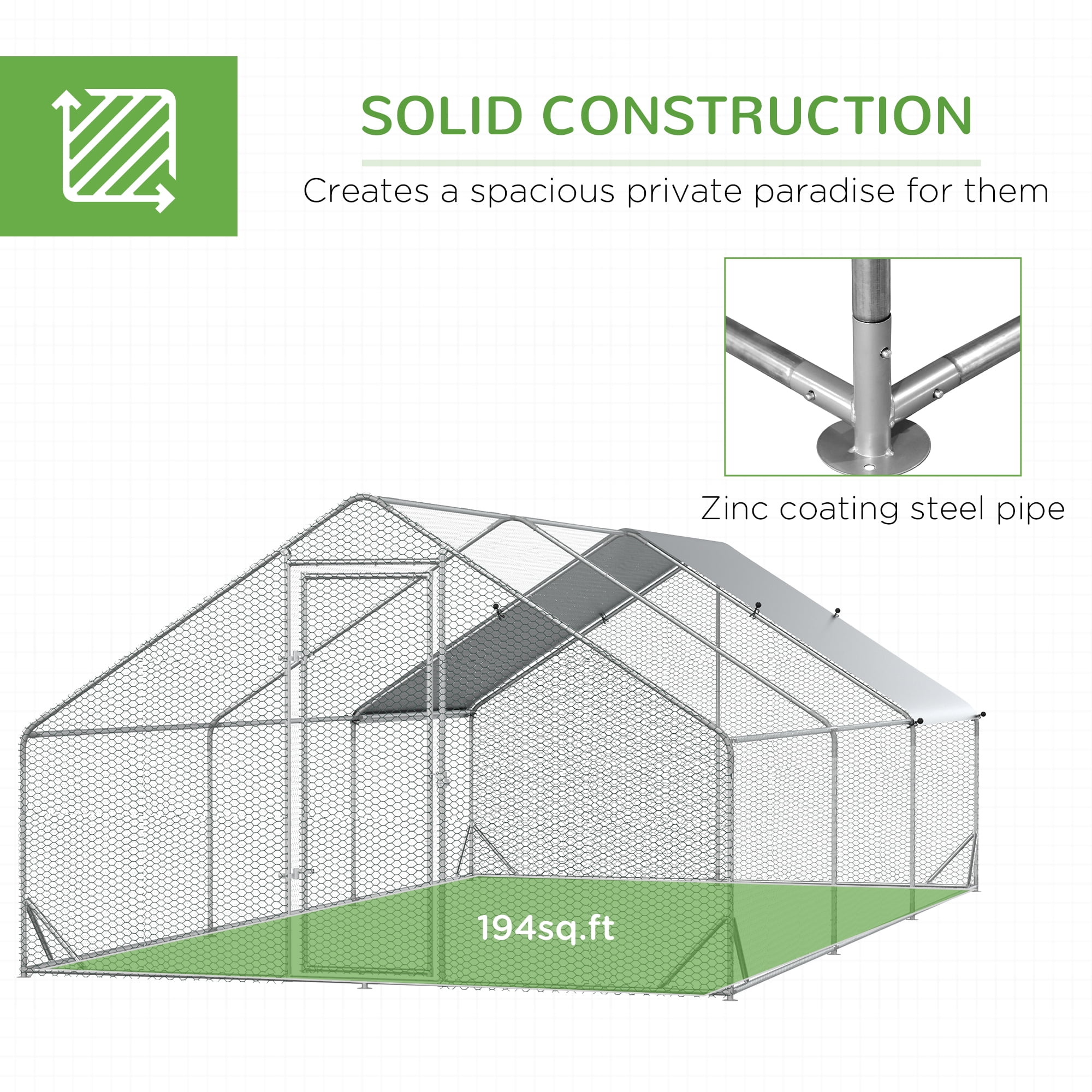 PawHut Galvanized Metal Chicken Coop Walk-in Enclosure w/ Cover for Outdoor