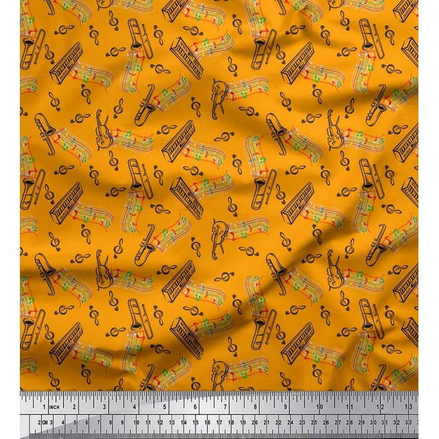 Soimoi Crepe Silk Fabric Notes,Piano & Guitar Musical Instrument Print Fabric by The Yard 42 Inch Wide