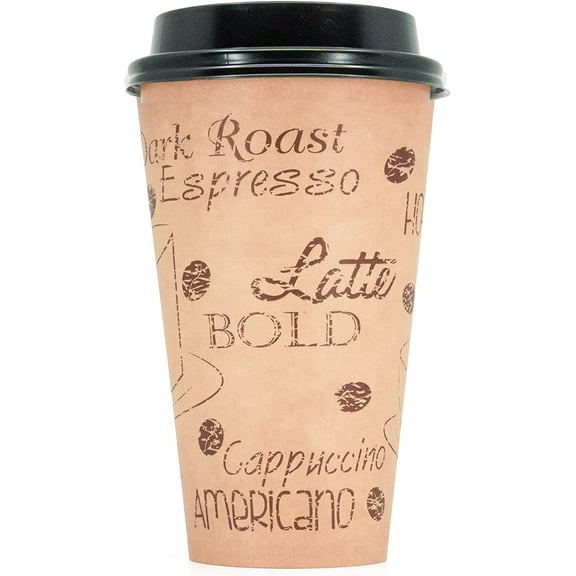 20 Ounce Disposable Paper Coffee Hot Cups with Black Lids - 50 Sets - Coffee Latte Macchiato To Go Extra Large Portion