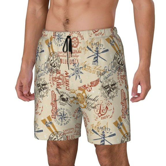 Naloa Vintage Nautical Print Men Swim Trunks with Compression Liner ,Board Shorts,Men's Swim Shorts with Drawstring and Elastic Waistband-Small