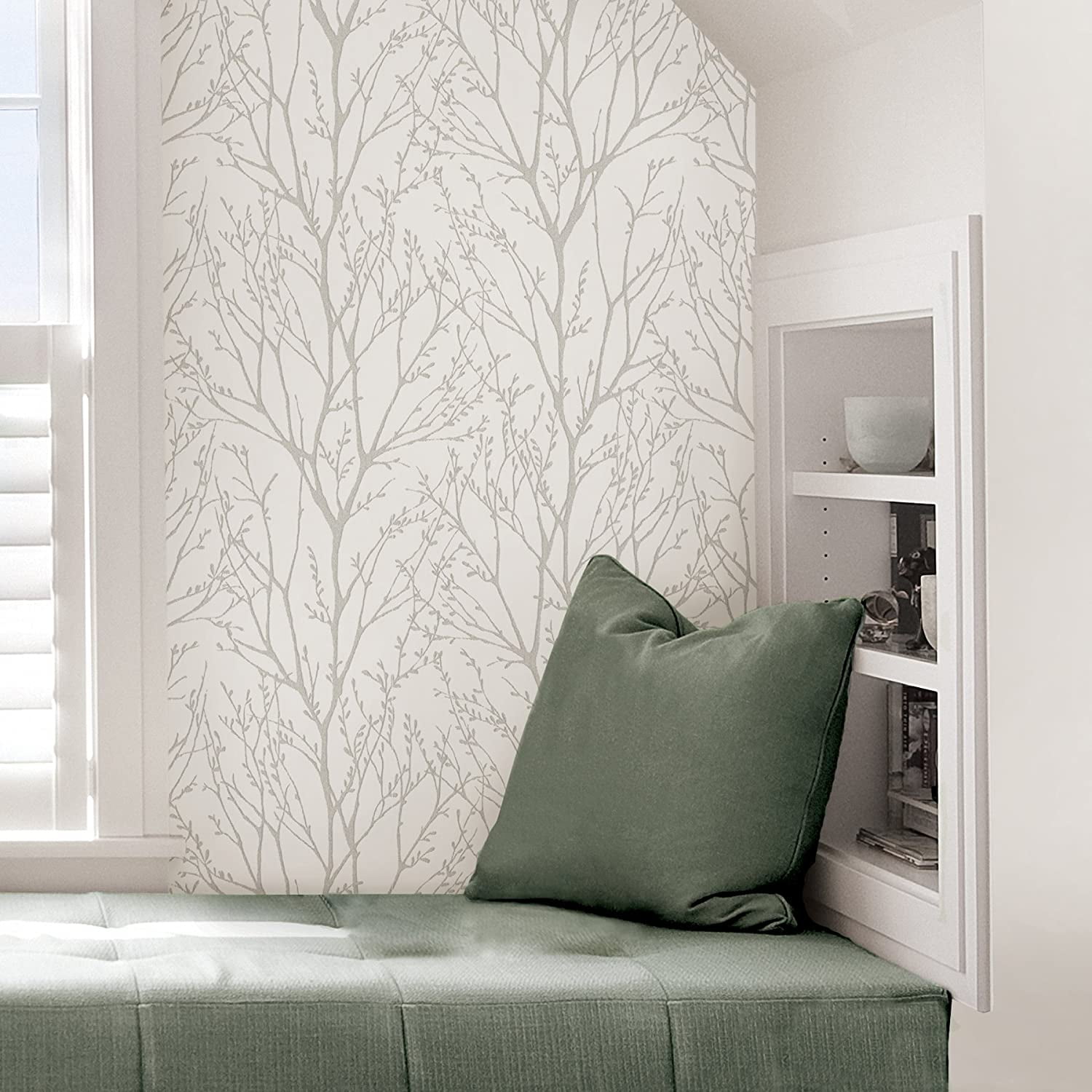 NuWallpaper White Treetops Vinyl Peel And Stick Wallpaper, 216-in by 20.5-in, 30.75 sq. ft.