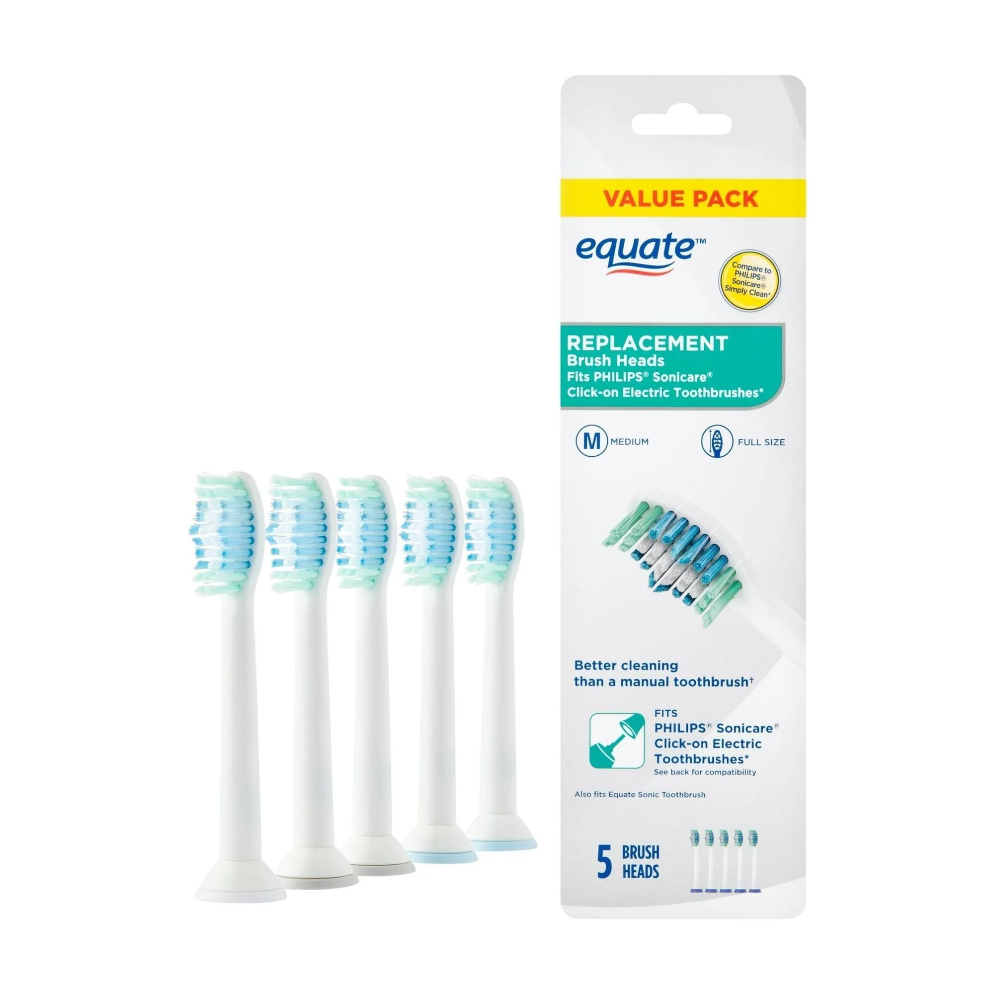 Equate SmileSonic Pro Essential Clean Replacement Toothbrush Brush Heads, White, 5 Count