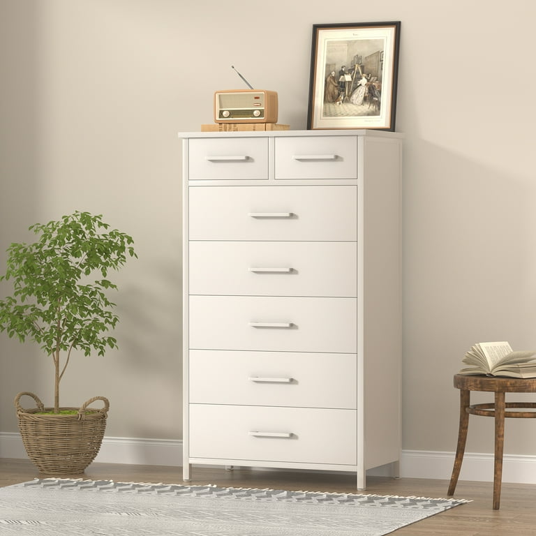 IKENO Industrial Style Tall Chest, 7 Drawer White Dresser