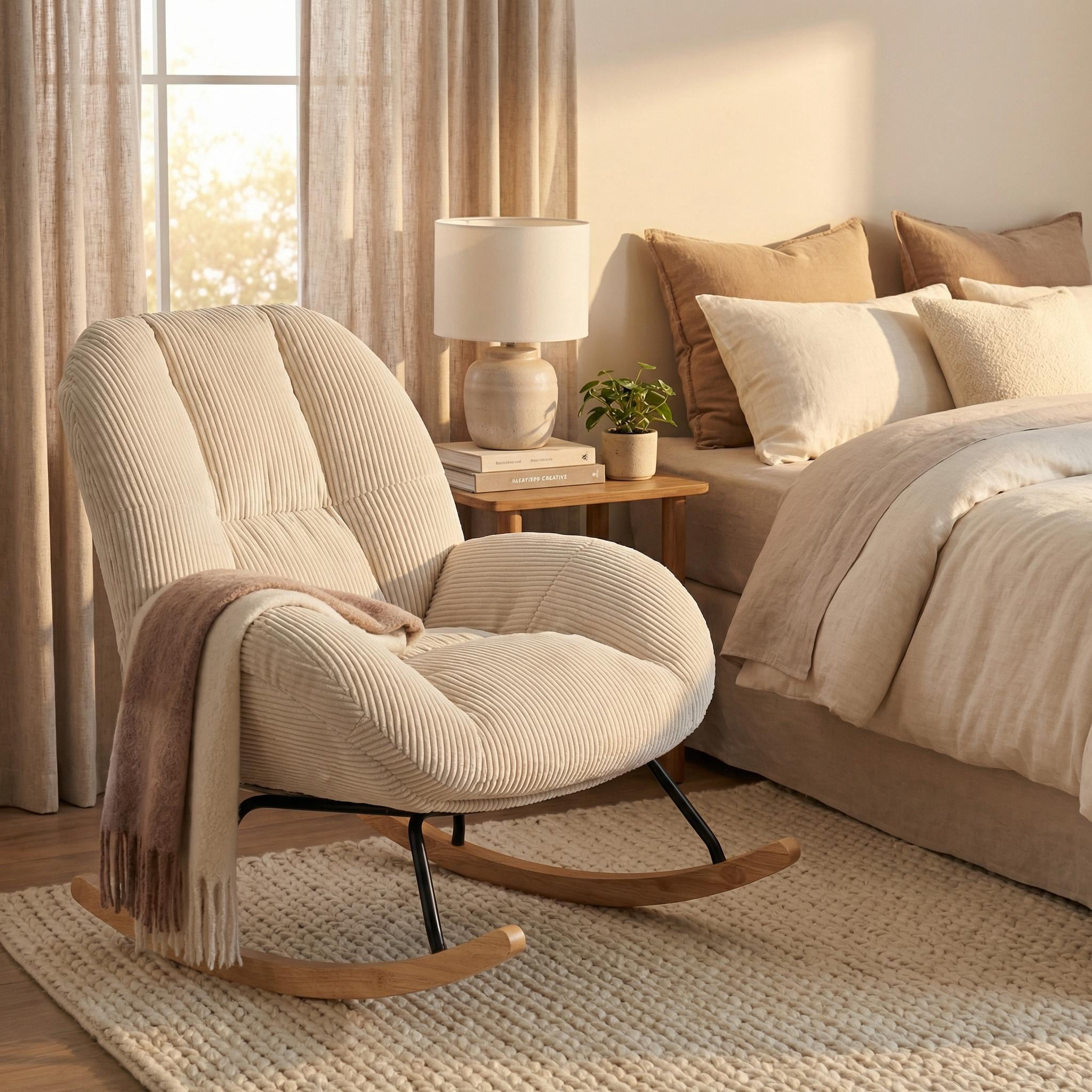 Homy Casa Corduroy Rocking Accent Chair with Solid Wood Base, Lounge Chair for Living Room, Bedroom, Reading Corner