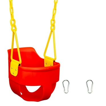 Premium High Back Full Bucket Toddler Swing Seat with Finger Grip, Plastic Coated Chains and Carabiners for Easy Install - Red - Squirrel Products