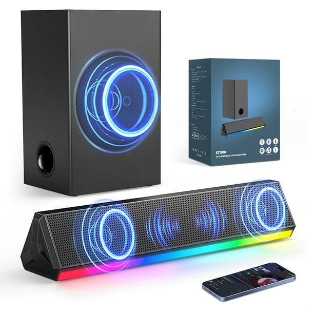 Barra de Sonido de 110 W para TV, 2.1 Canales con Subwoofer, Conexión HDMI/Bluetooth 5.3/Auxiliar/Óptica, Altavoces con Cable e Inalámbricos con Retroiluminación Colorida, BT109