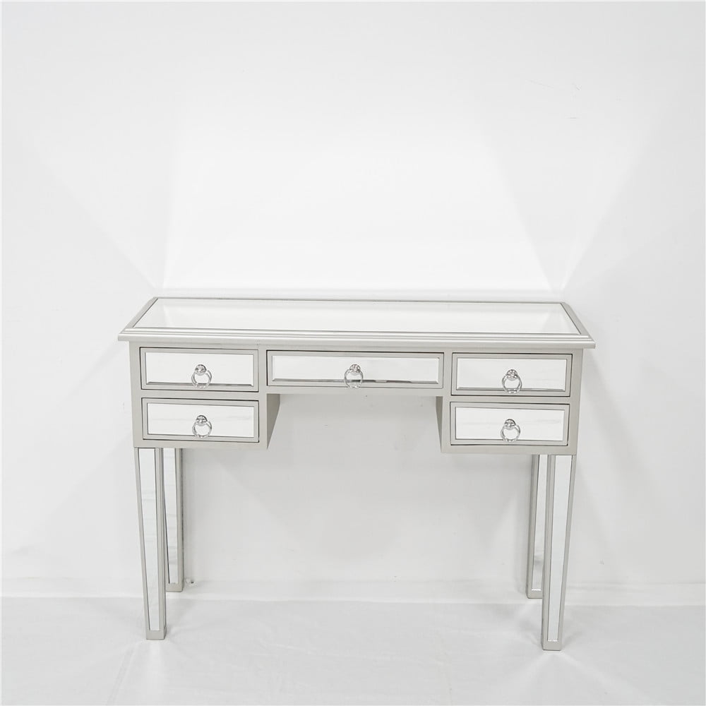 Modern Mirrored Console Table With Crushed Diamond Inlay - 39.4 Inch Silver Entryway Table, O-Shaped Base