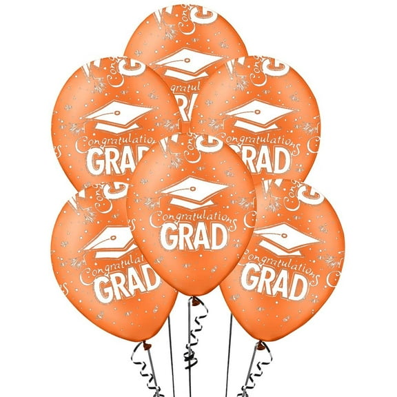 PMU Graduation Balloons 11 Inch PartyTex Premium Orange with All-Over Print White Grad Caps-Confetti and Streamers Pkg/12