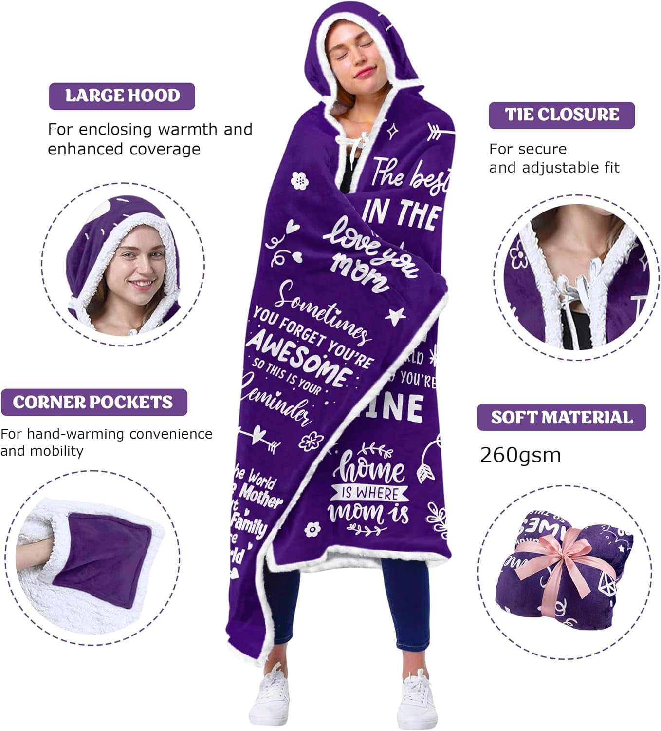 Mothers Day Gifts Love Mom Sherpa Fleece Wearable Hooded Blanket from Daughter Son, I love You Mom, Big Hug Blanket for Mom Birthday Gifts, Inspirational Gifts for Women (Purple)
