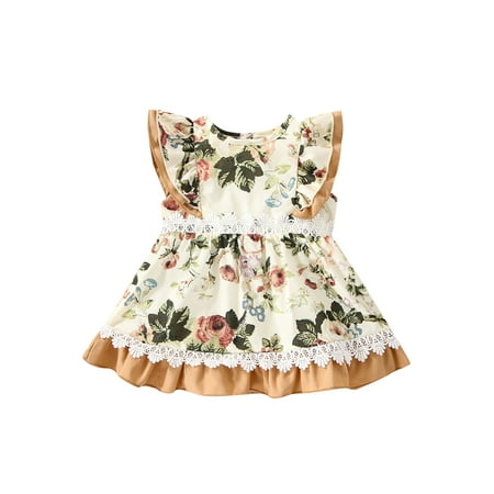 

Calsunbaby Toddler Girls A-Line Dress Flying Sleeve Round Neck Lace Patchwork Ruffles Skirt Summer Floral Pattern One-Piece Streetwear
