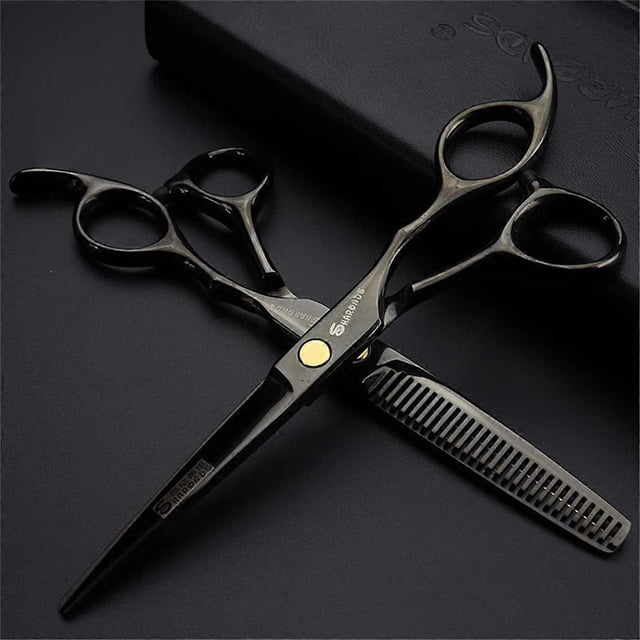 Juego de tijeras de peluquería profesionales de 15 cm (6 pulgadas), tijeras de barbero de acero inoxidable 440C, color negro.