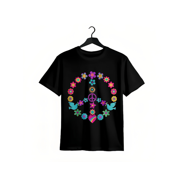 Peace Sign Floral 60S 70S Flower Power Hippie Gift Women Graphic Tee Fashionable, elegant, simple, casual round neck Women's T-shirt, Mother's Day gift for girls