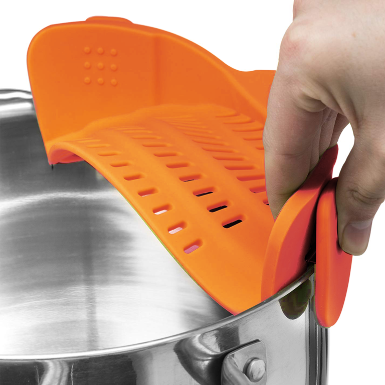 Kitchen Gizmo Snap N Strain Pot Strainer and Pasta Strainer - Adjustable  Silicone Clip On Strainer for Pots, Pans, and Bowls - Orange