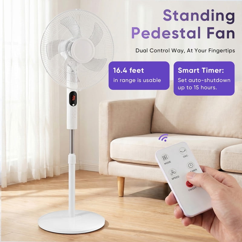 Gianna Quiet Pedestal Fan with Remote, Standing Floor Fan for Bedroom, Home Office - 15H Timer, 3 Speed & 3 Wind Modes, 80°Oscillating, Adjustable Height，White