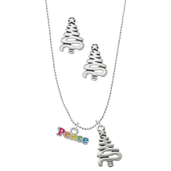 Delight Jewelry Rainbow Colored ''Peace'' Silver tone Zig Zag Christmas Tree Charm Necklace and Stud Earrings
