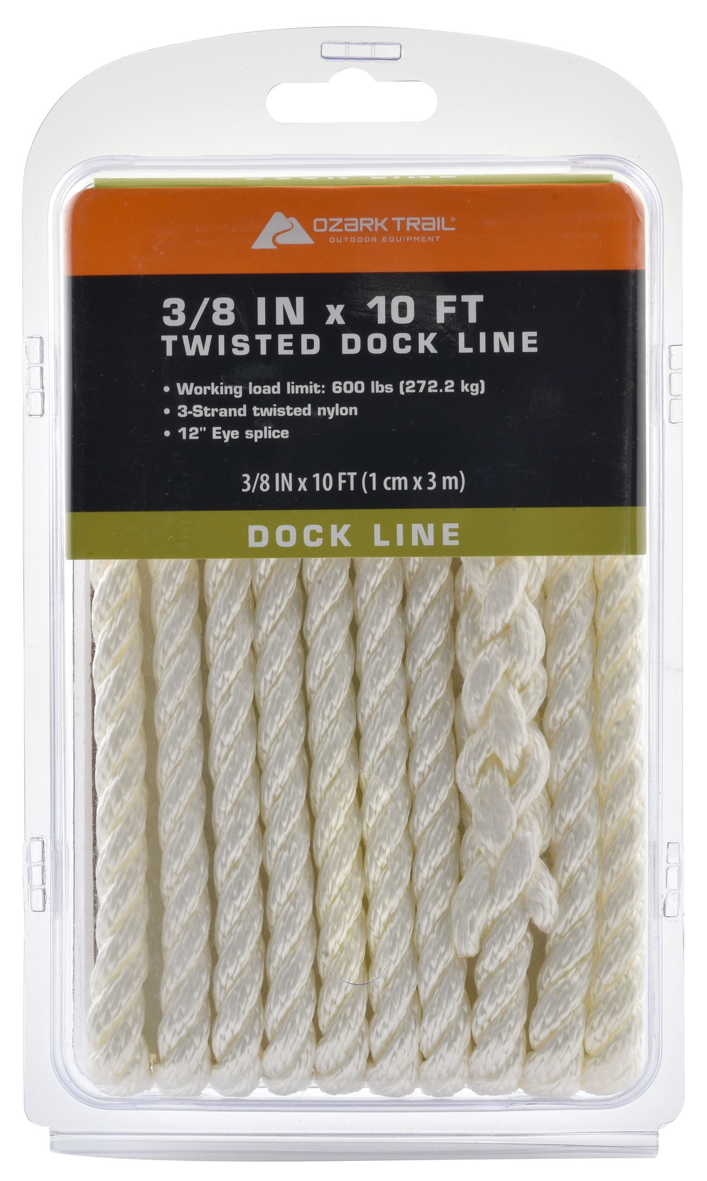 Ozark Trail 3-Strand Twisted Nylon Dock Line, 3/8' x 10'