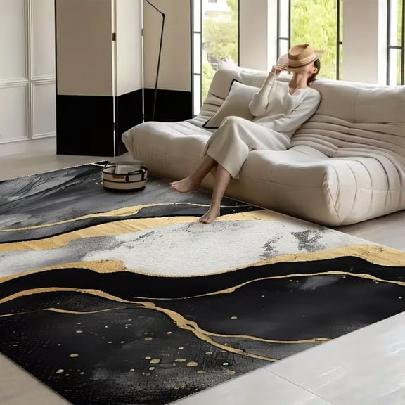 RKSupls Marble Abstract Black Gold Fluid Soft Fluffy Velvet Area Rug for Living Room Bedroom, Non-Slip Washable Carpet, Chic Minimalist Home Decor