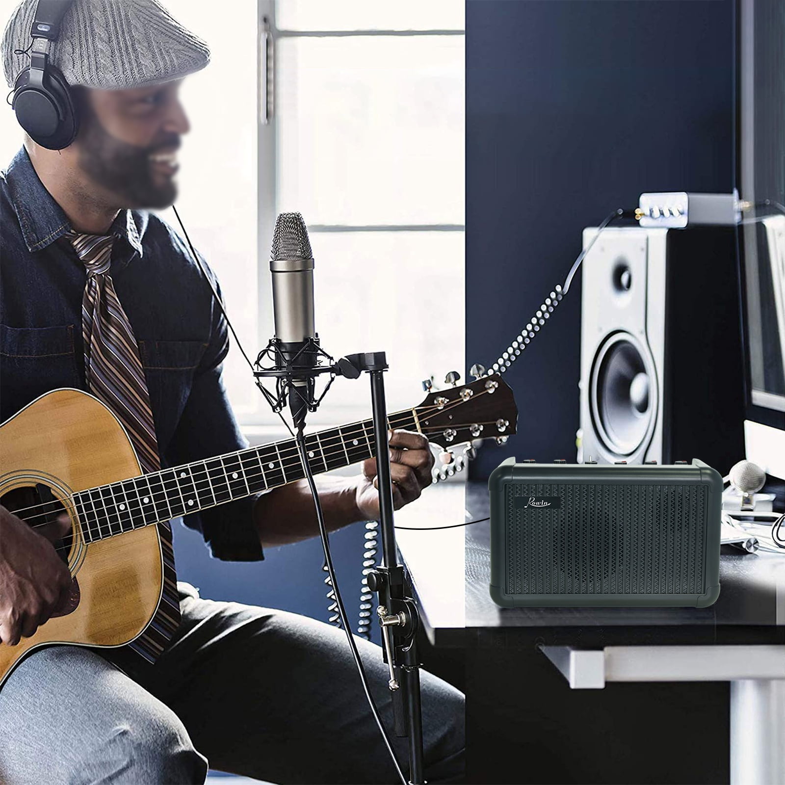 Rowin Electric Guitar Amp 15W Wireless BT Speaker Acoustic Guitar Amp with Tuning Function 8 Sound Effects 2200mAh Rechargeable Battery for Daily Practice Recording Portable Guitar Speaker